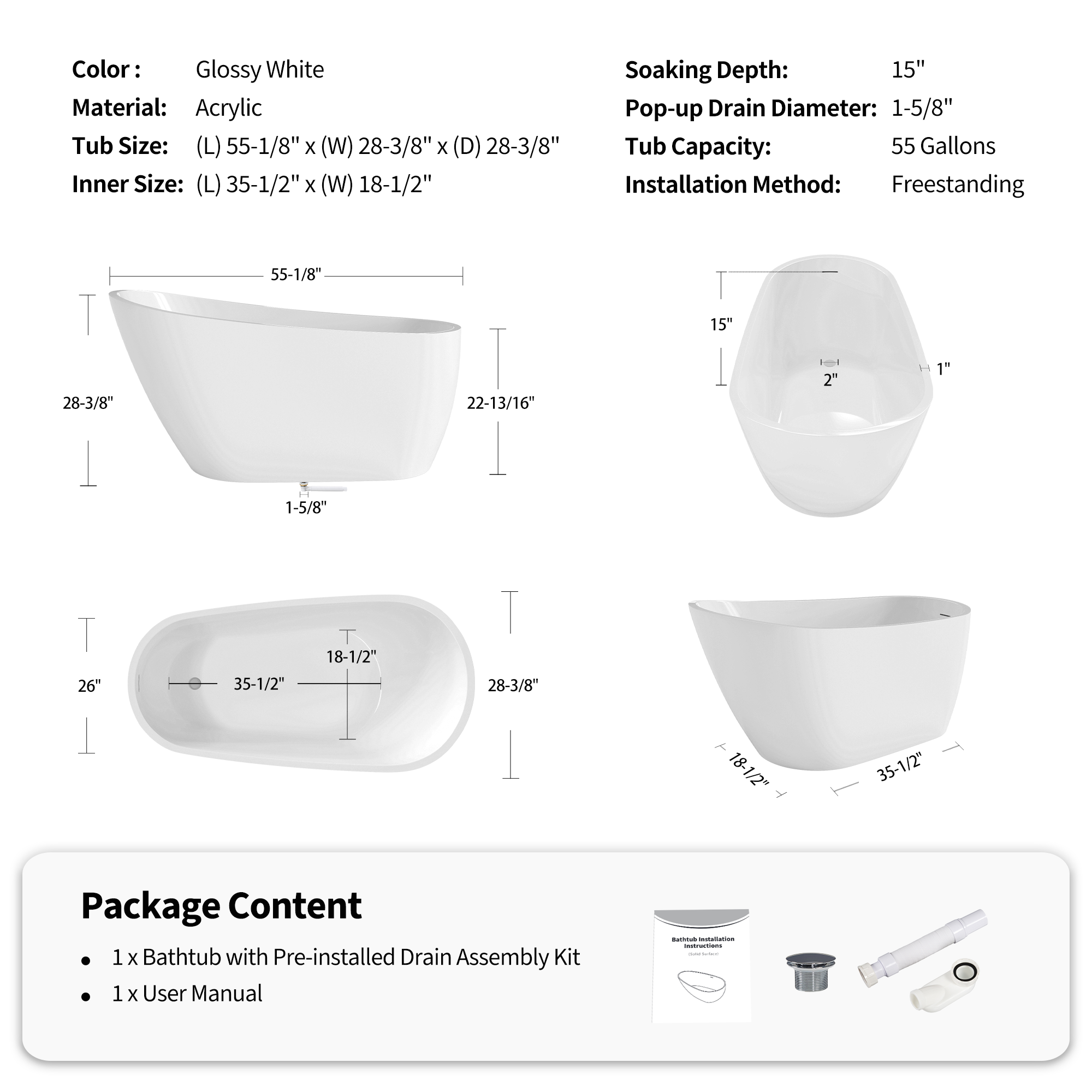 55" Acrylic Freestanding Bathtub