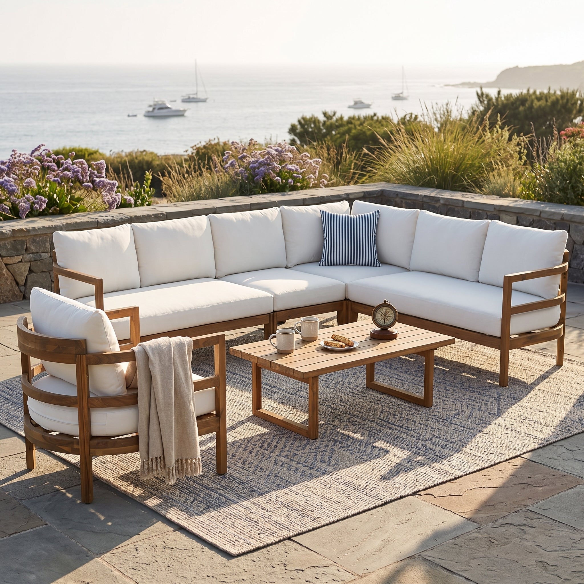 Outdoor Acacia Wood 6-Seater Sectional Sofa Set