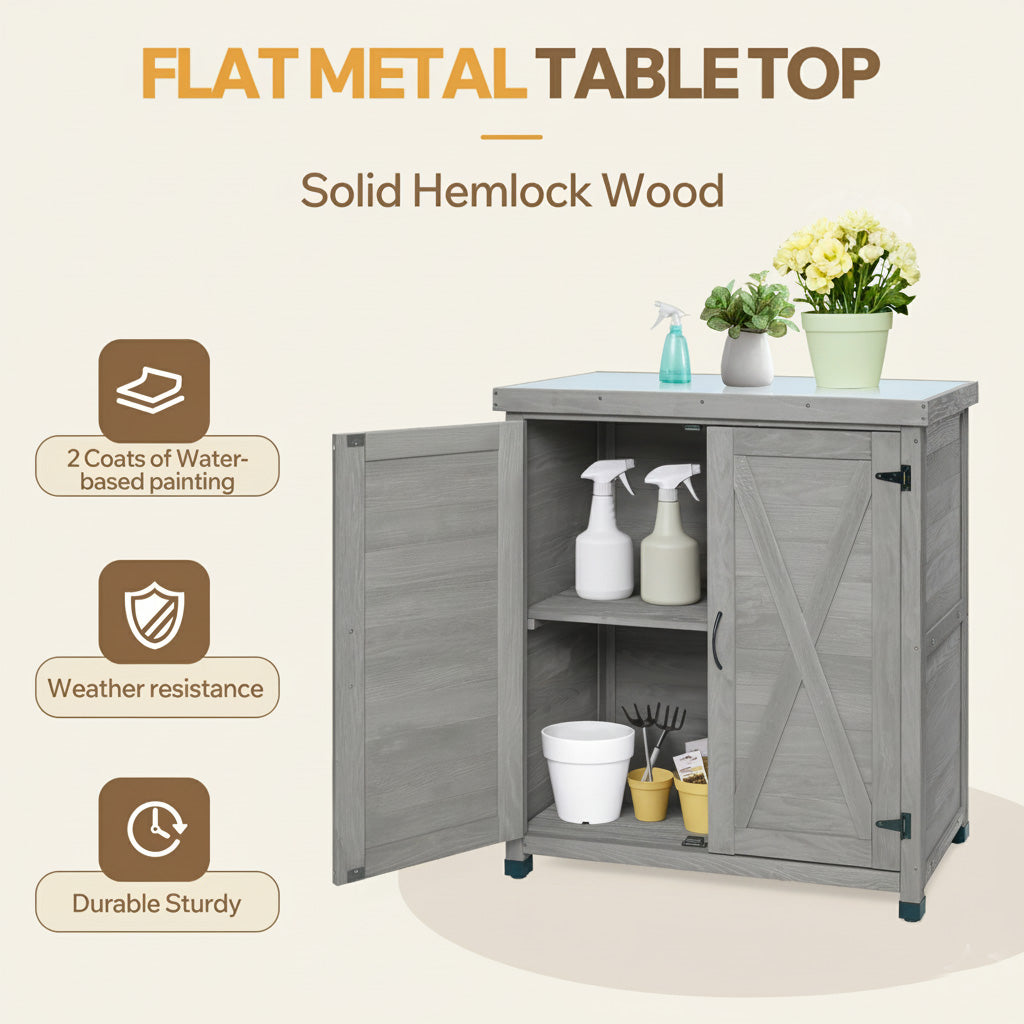 Potting Bench with Storage Cabinet and Metal Table Top