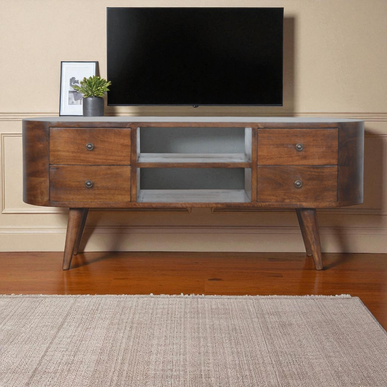 Chestnut Rounded Entertainment Unit, Nordic Legs, 4-Drawers, 2 Open Slot