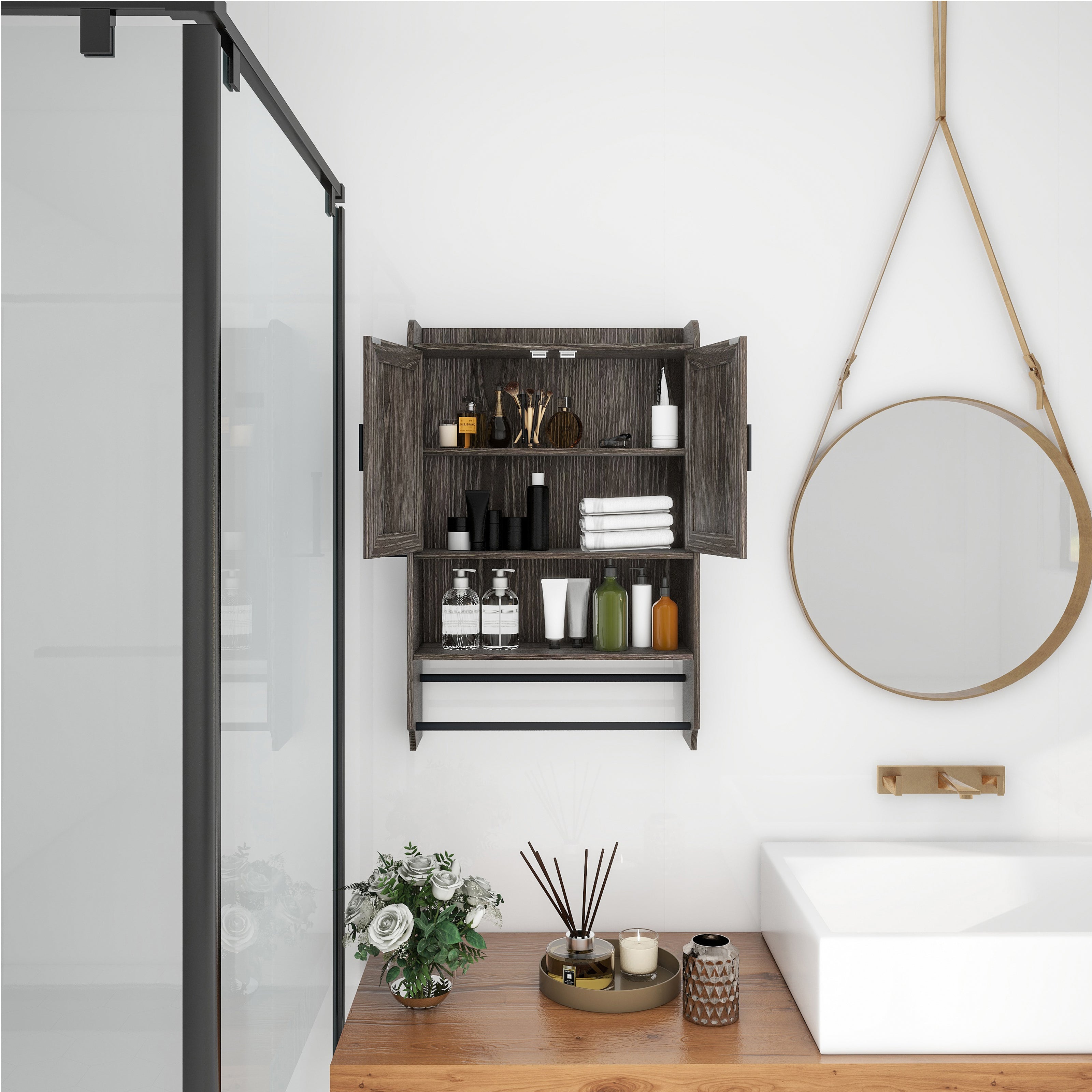Bathroom Wall Cabinet with Doors, Adjustable Shelf, Towel Bar and Paper Holder