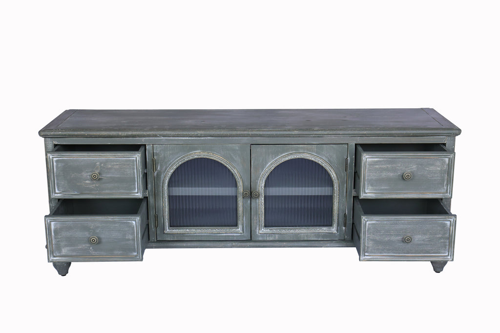 60" Farmhouse TV Stand with 4 Drawers & Glass Doors