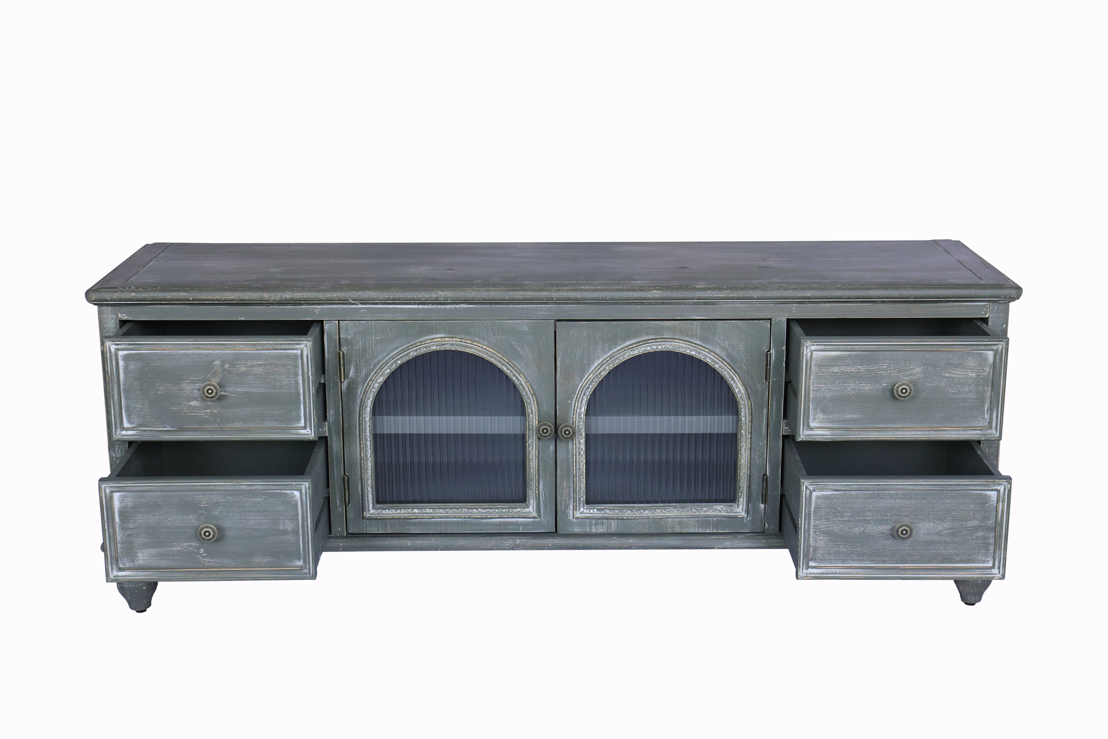 60" Farmhouse TV Stand with 4 Drawers & Glass Doors