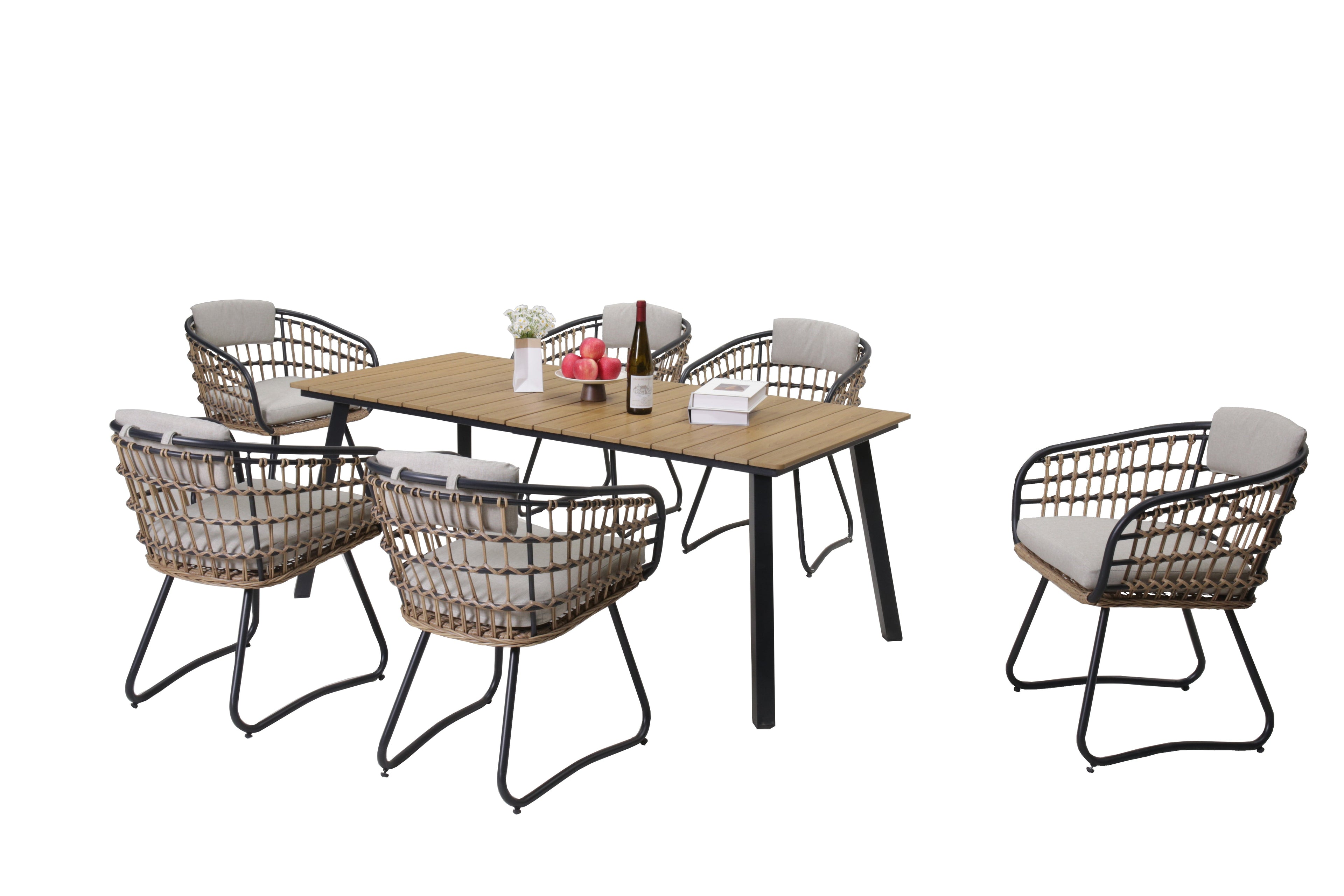 7-Piece Outdoor Wicker Dining Set with Wood-Plastic Composite Board Table