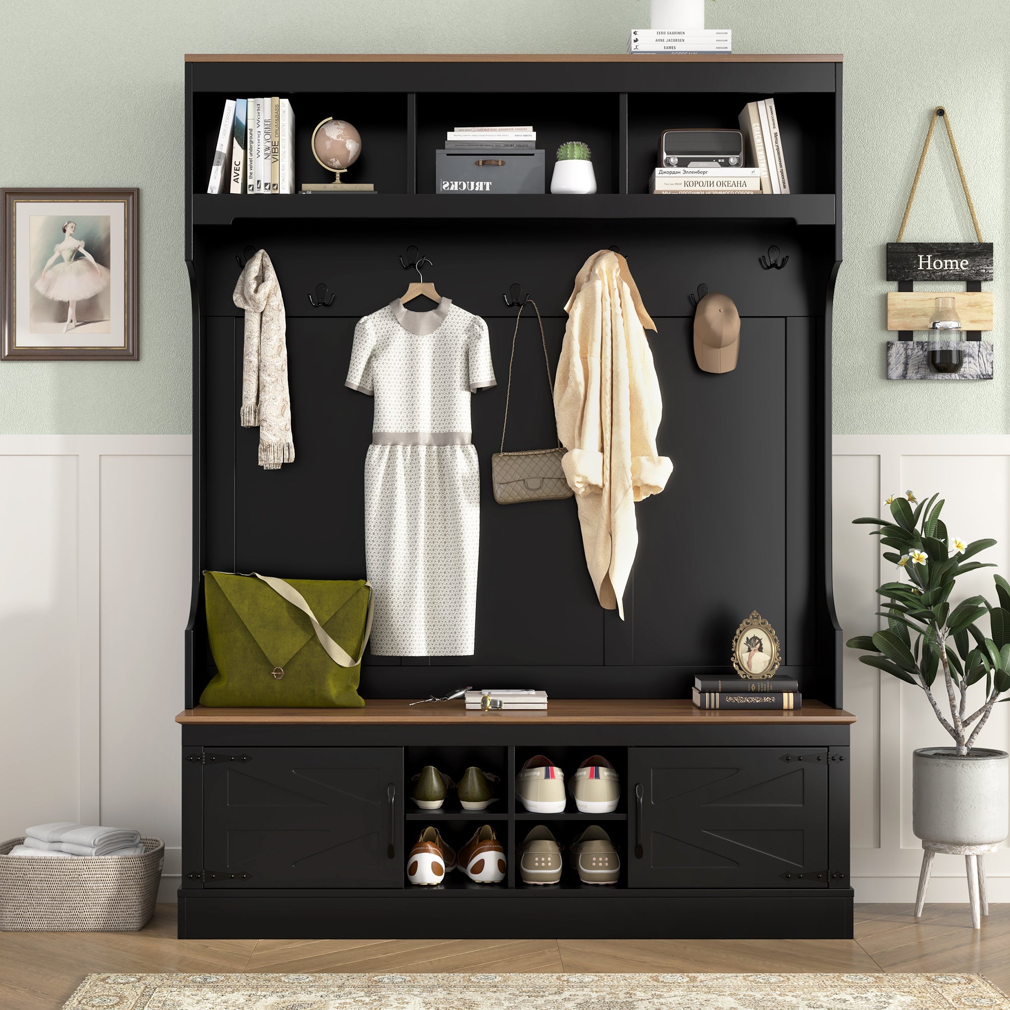 Vibe Haus 71''H Farmhouse Hall Tree with Bench and Shoe Storage