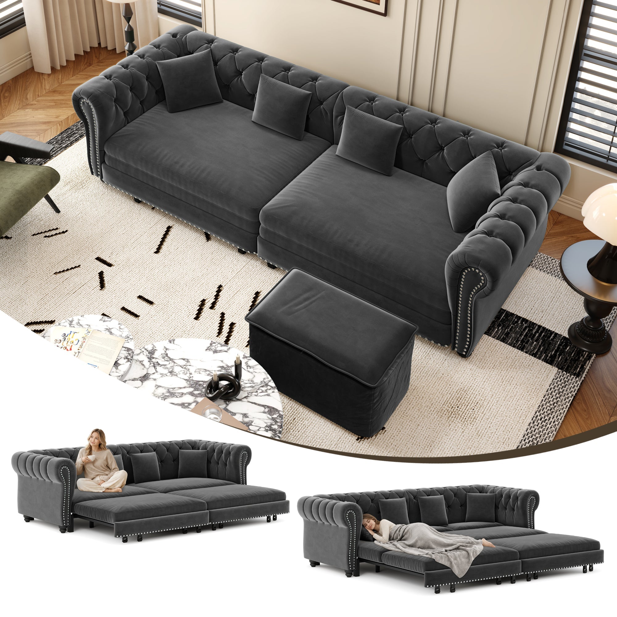 Chesterfield Sofa Bed – 3-in-1 Convertible Velvet Sofa