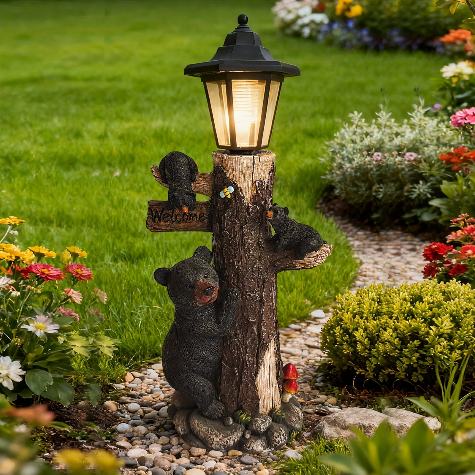 Black Bear Statue Welcome Sign Garden Statue with Solar Light