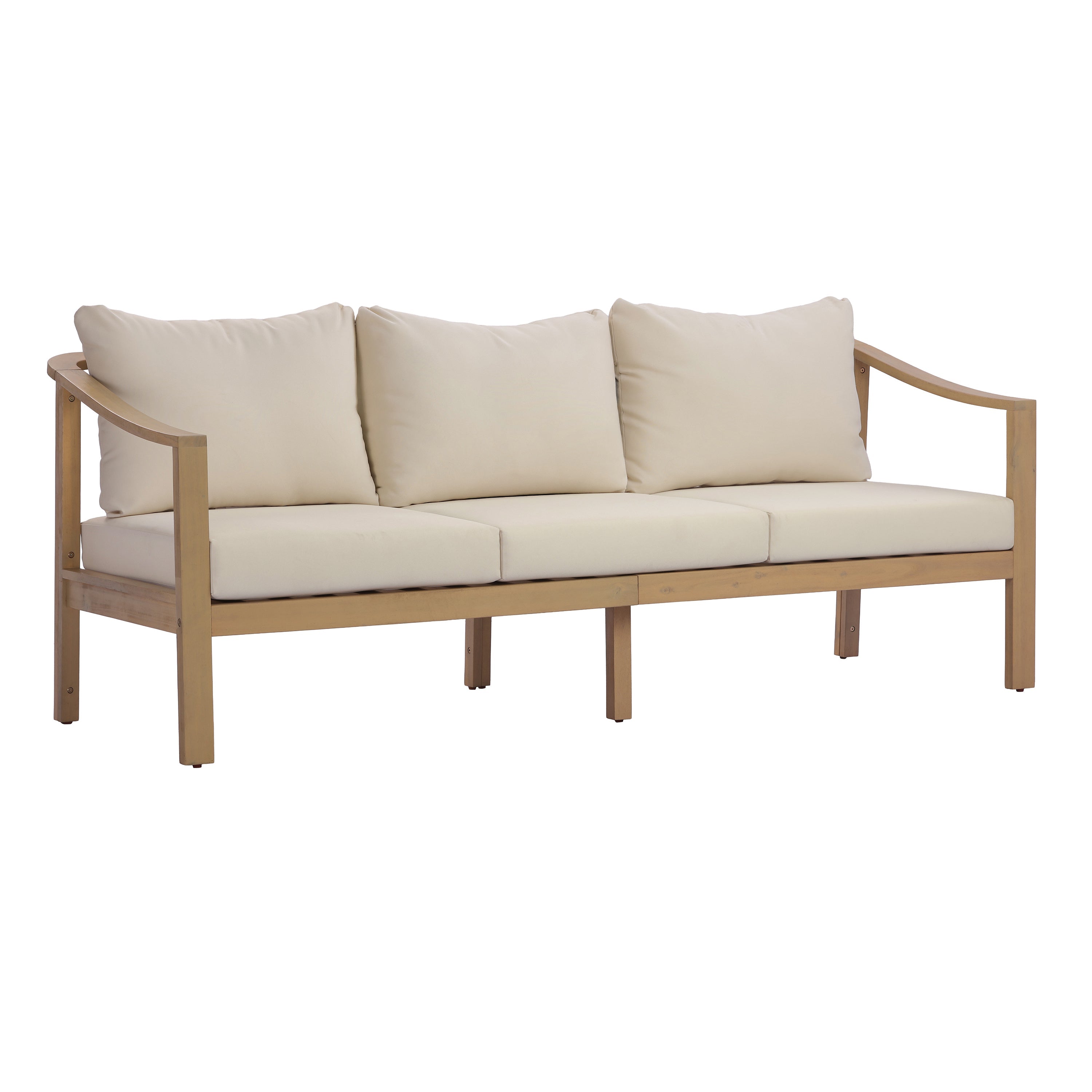 77.95" Outdoor Acacia Wood 3-Seater Sofa with Beige Cushions