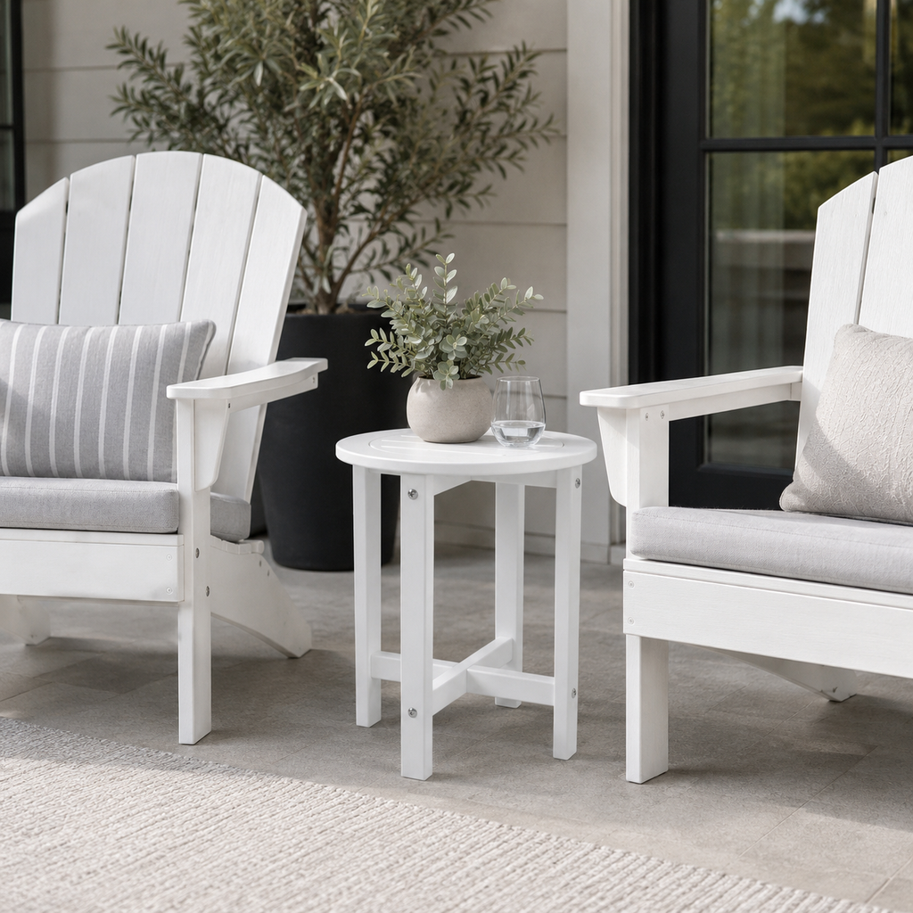 White HDPE Outdoor Side Table, 16 in. Round All-Weather Patio End Table