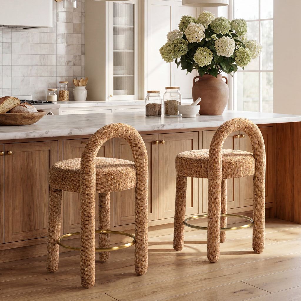 Penny Round Arched Fully Upholstered Counter Stool, Set of 2, Golden