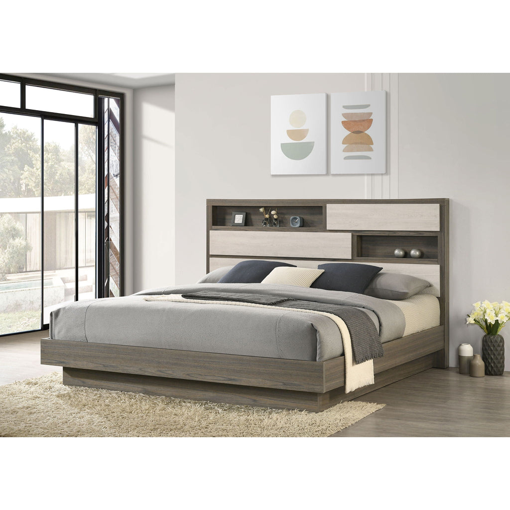 Eastern King Bed Bookcase Headboard With Hidden Storage - Oak