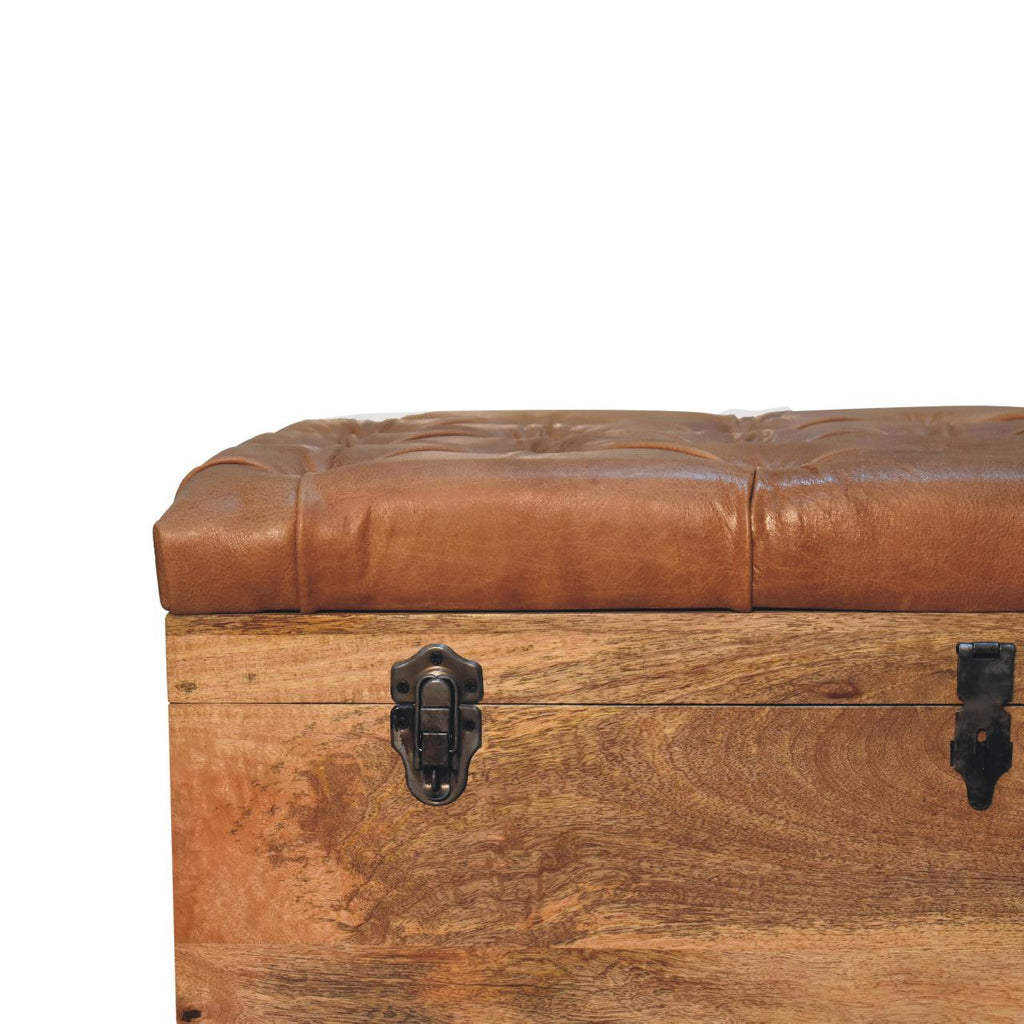 Solid Wood Buffalo Hide Oak-ish Storage Trunk, Leather Upholstered