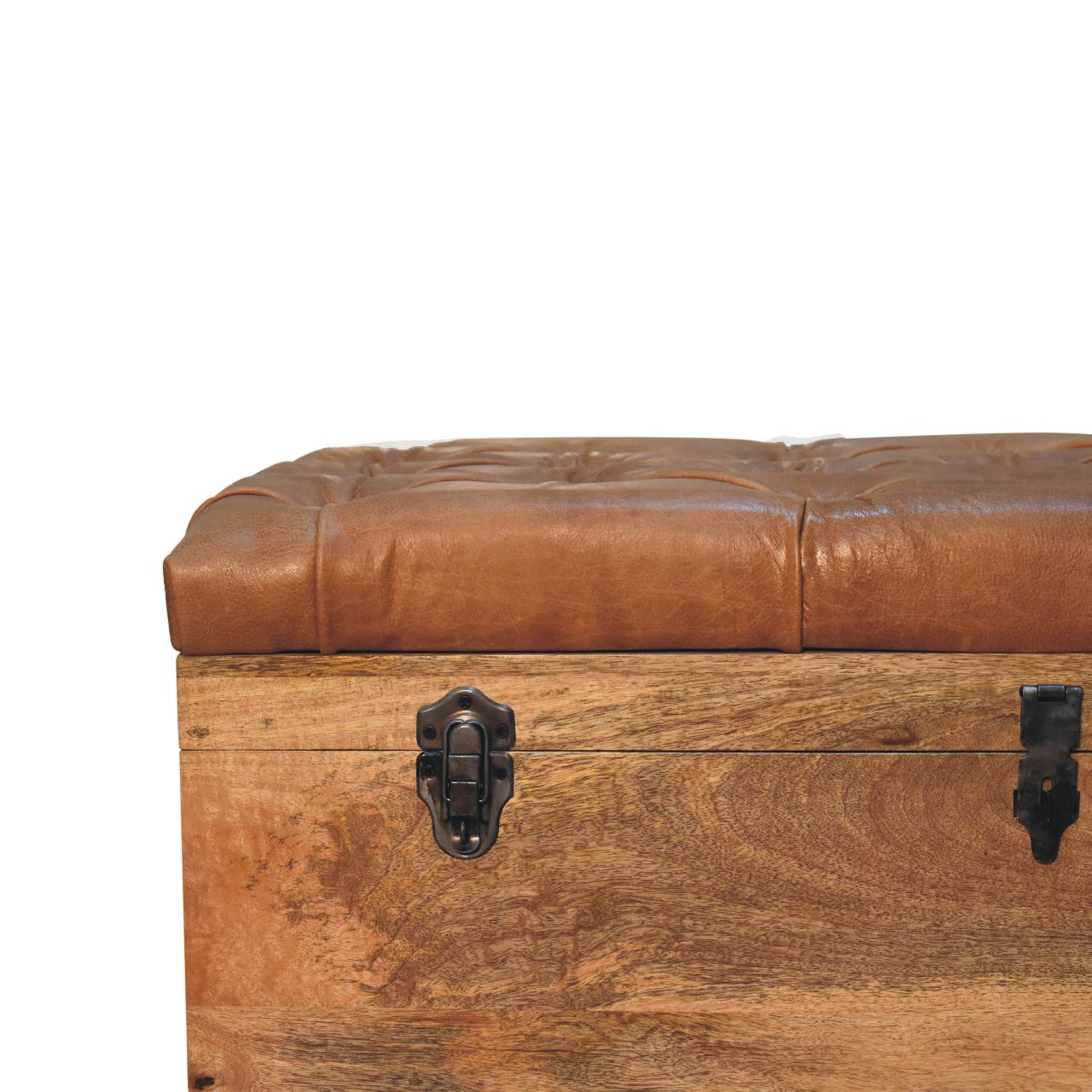 Solid Wood Buffalo Hide Oak-ish Storage Trunk, Leather Upholstered