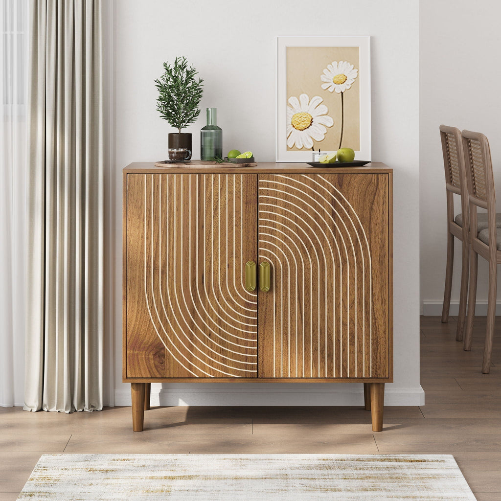 Buffet Cabinet With Line Groove Design, Sideboard Buffet Cabinet With Storage, Multifunctional Accent Cabinet For Living Room, Entryway, Hallway, Office, Kitchen - Brown