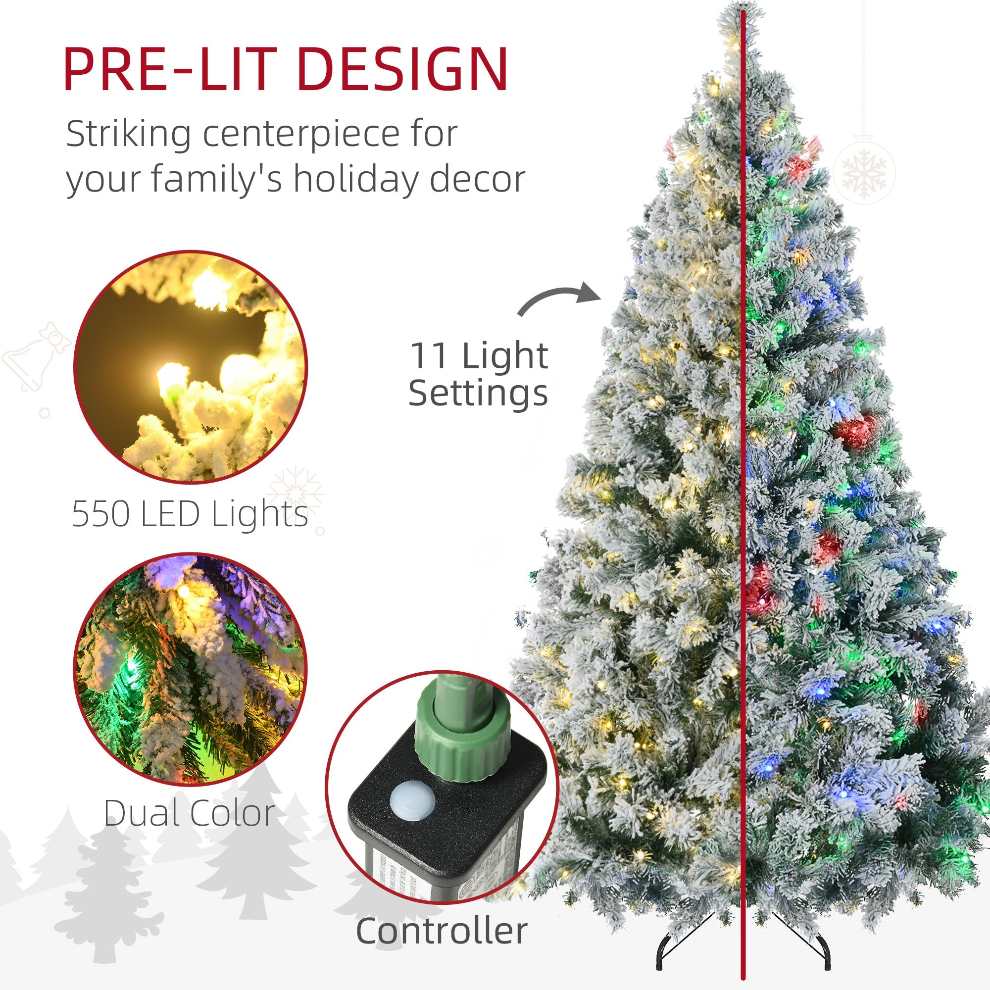HOMCOM 7.5ft Tall Prelit Artificial Christmas Tree
