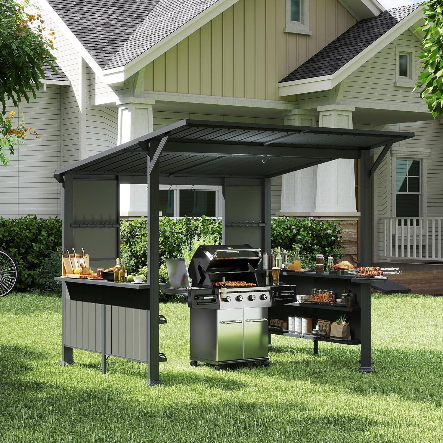9X10FT Hardtop Grill Gazebo with Storage Shelves and Expansion Platform