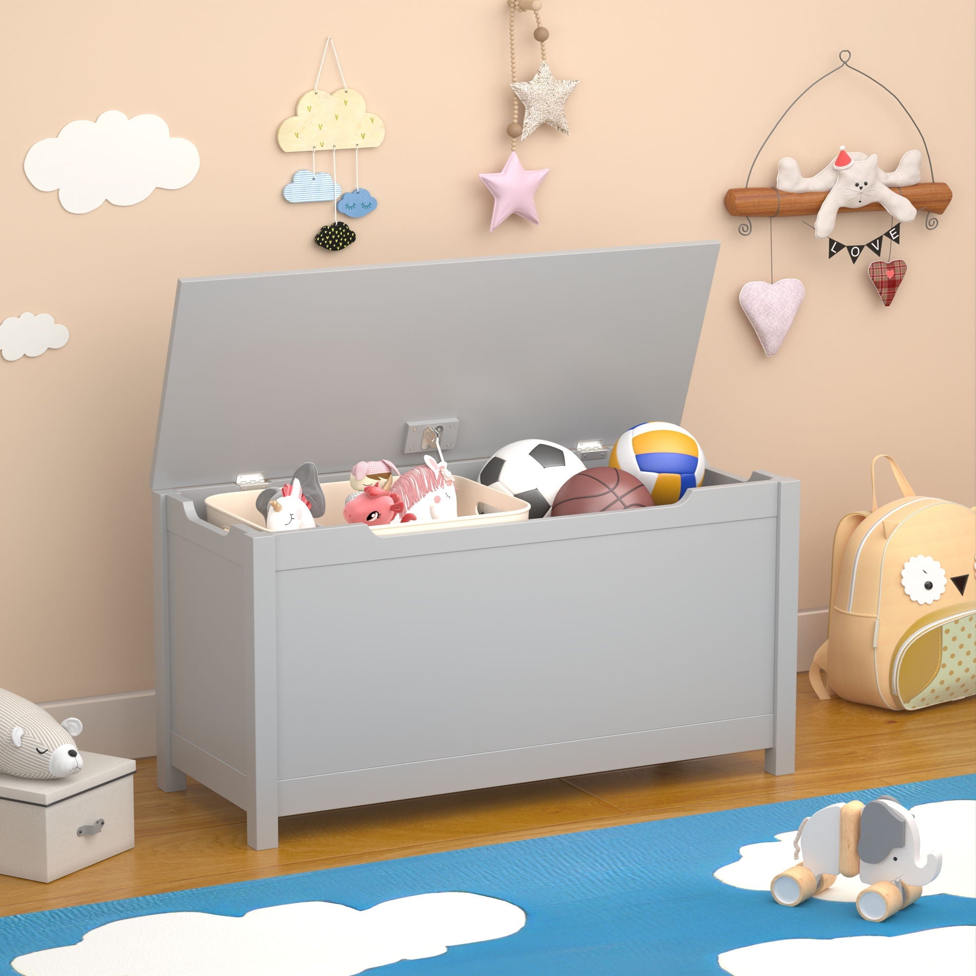 Toy Box Storage With Safety Hinged Lid