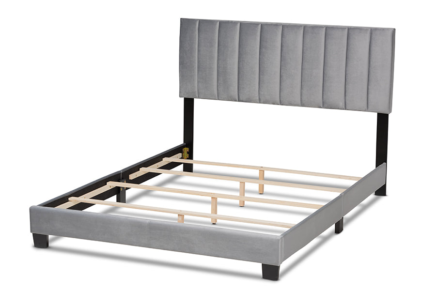 Baxton Studio Clare Glam and Luxe Grey Velvet Fabric Upholstered Queen Size Panel Bed with Channel Tufted Headboard