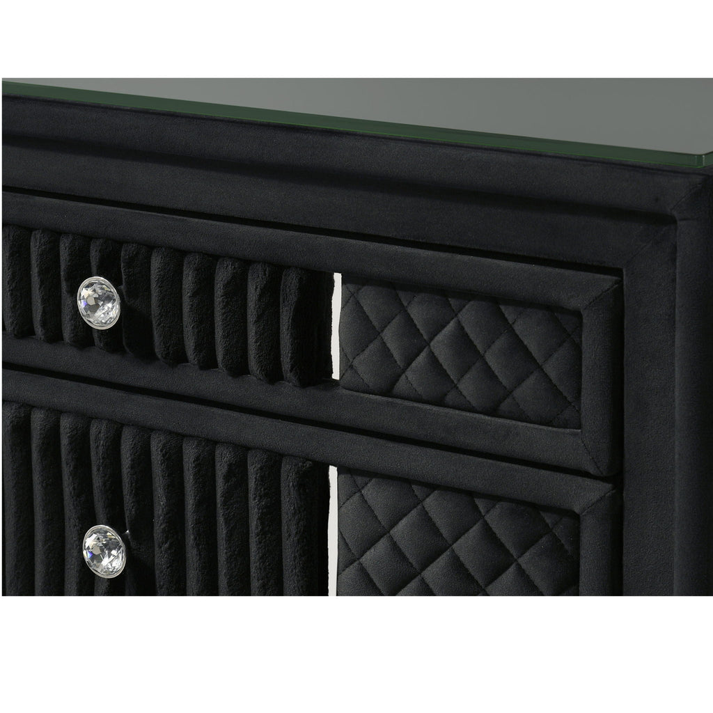1 Piece Nightstand Upholstery Textured Look Luxurious Feel Drawer Fronts Crystal Style Knobs - Black