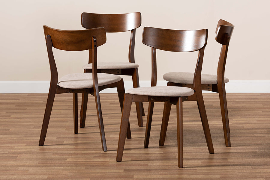 Baxton Studio Iora Mid-Century Modern Transitional Light Beige Fabric Upholstered and Walnut Brown Finished Wood 4-Piece Dining Chair Set