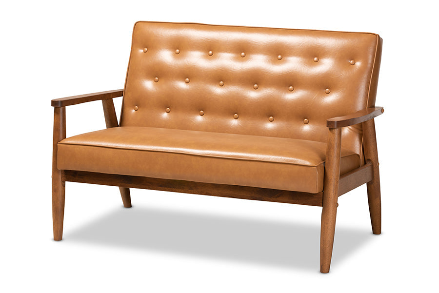 Baxton Studio Sorrento Mid-Century Modern Tan Faux Leather Upholstered and Walnut Brown Finished Wood Loveseat