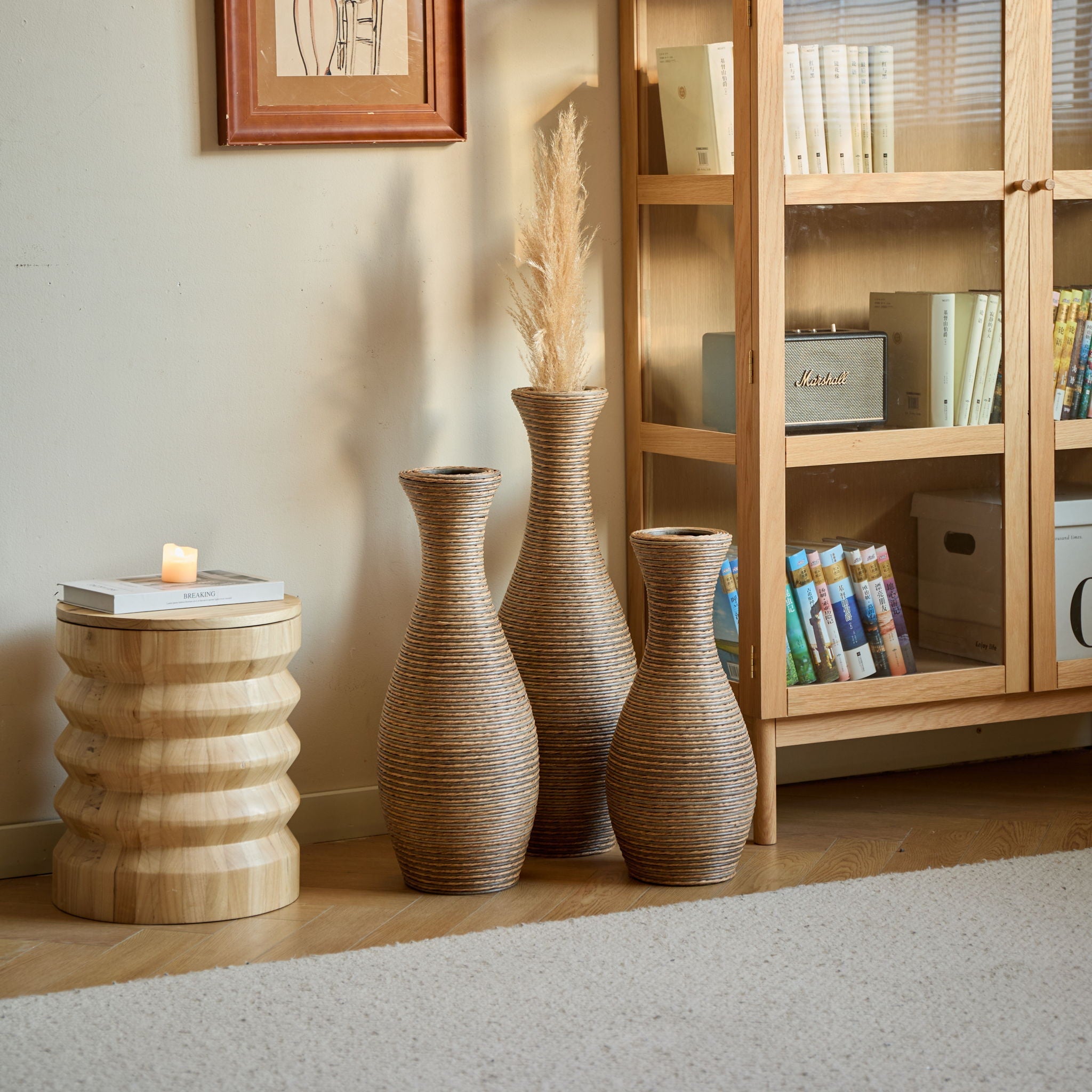 3 Piece Artificial Rattan Floor Vase Set Decorative Accent For Living Room, Hallway & Entryway, Ideal For Dried Or Silk Flower Arrangements - Beige
