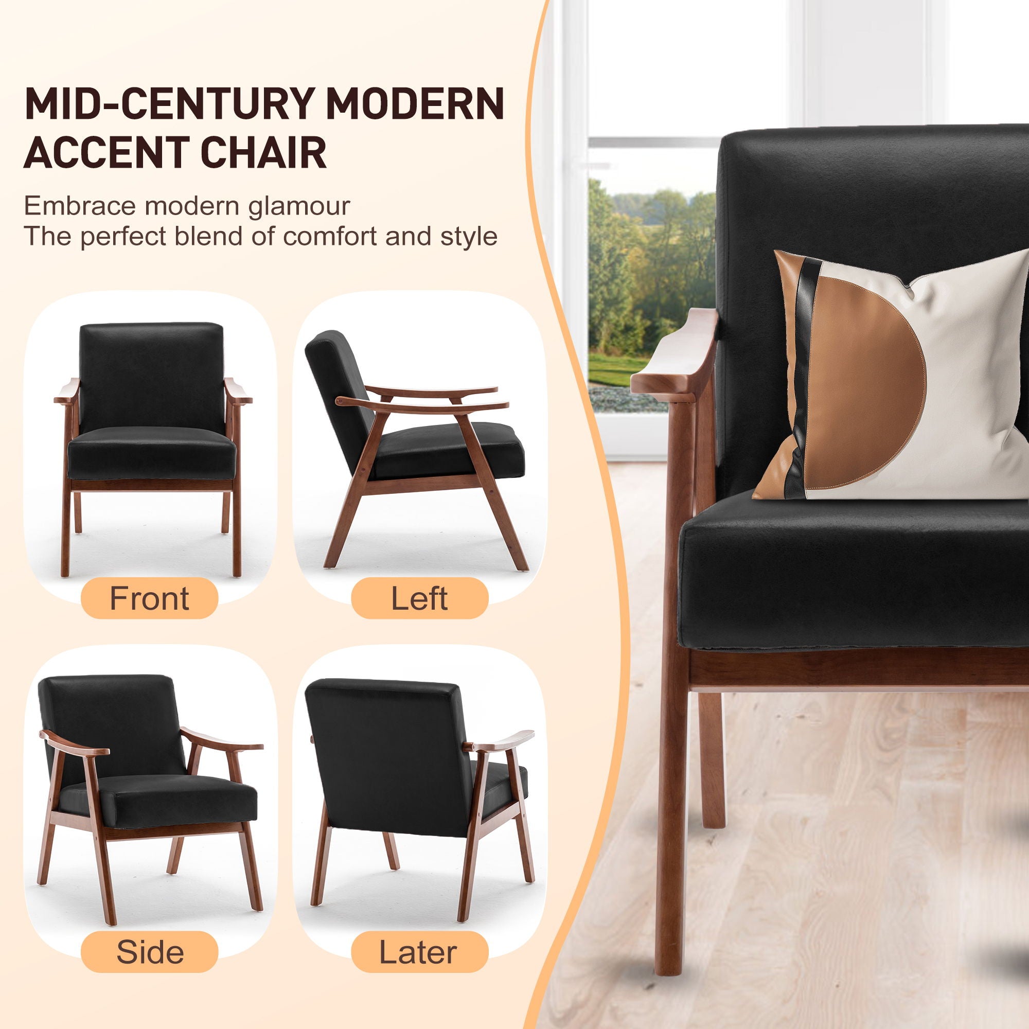 Mid Century Modern Accent Chair With Solid Wood Frame And Extra Thick Backrest