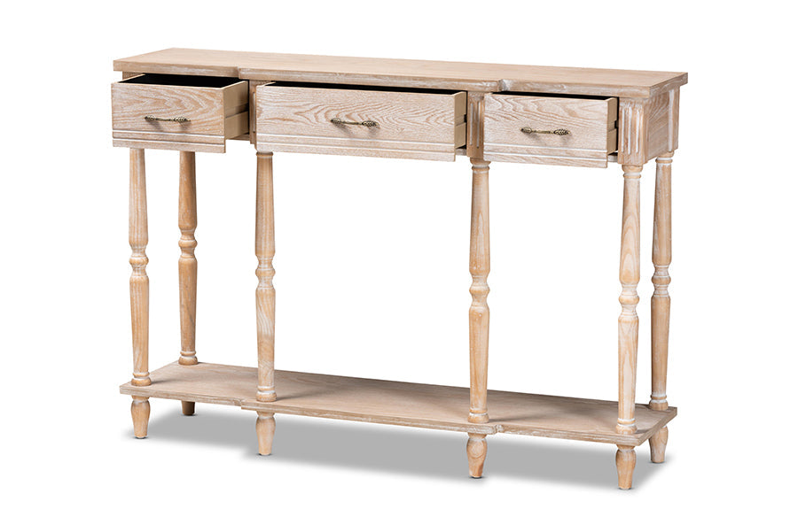 Baxton Studio Hallan Classic and Traditional French Provincial Rustic Whitewashed Oak Brown Finished Wood 3-Drawer Console Table
