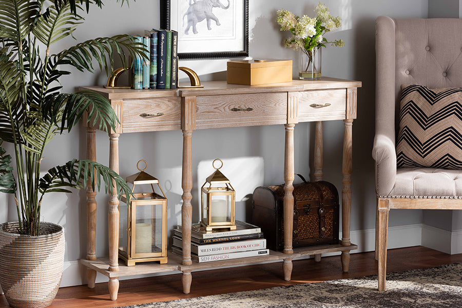 Baxton Studio Hallan Classic and Traditional French Provincial Rustic Whitewashed Oak Brown Finished Wood 3-Drawer Console Table