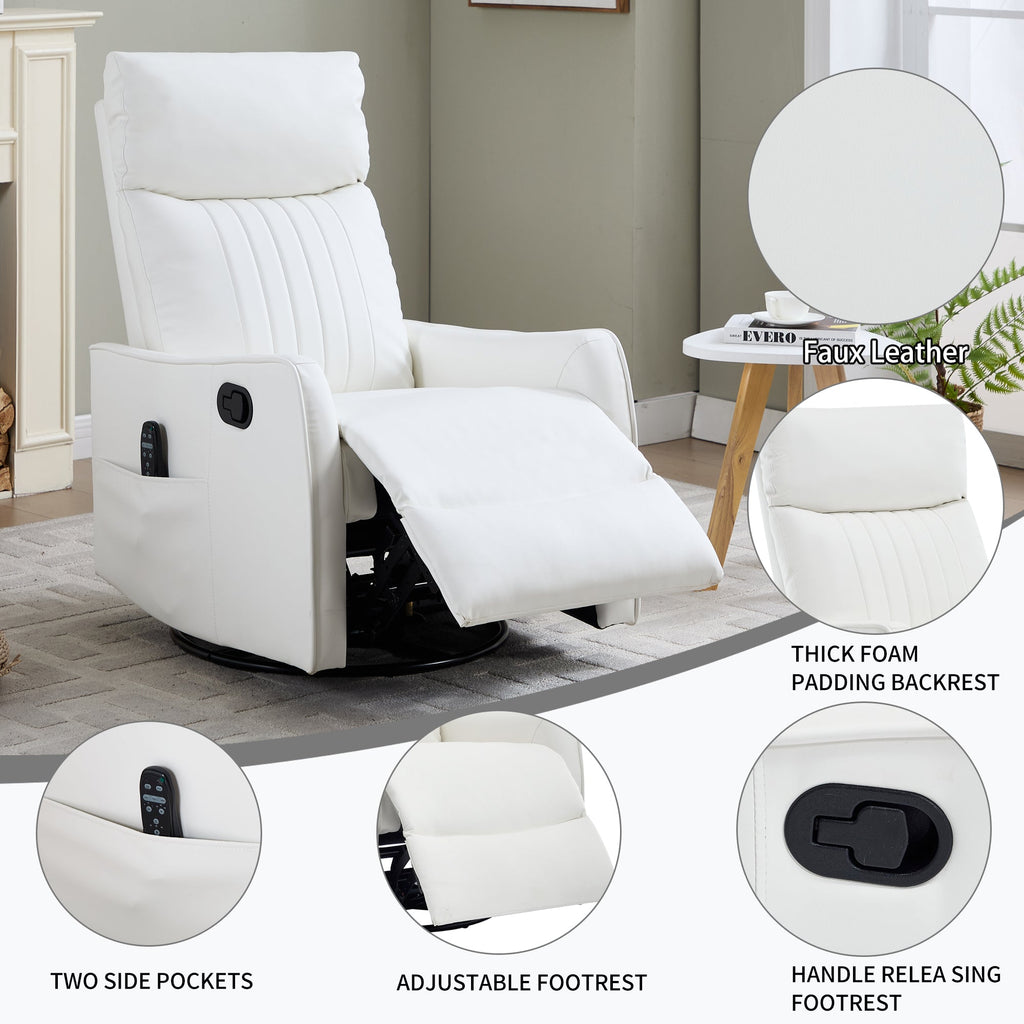 White Heat Massage Manual Recliner Chair with Rocker and Swivel in Faux Leather