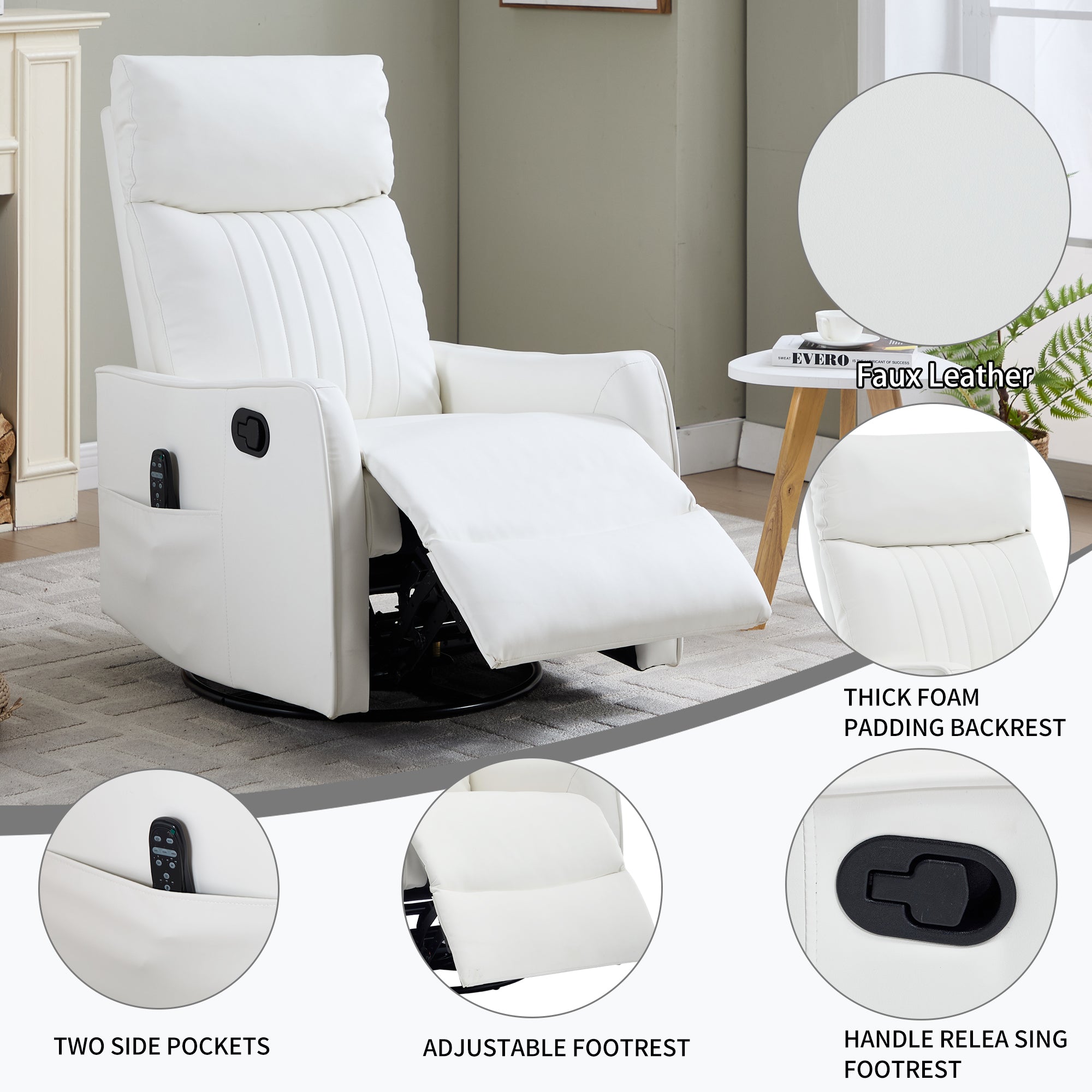 White Heat Massage Manual Recliner Chair with Rocker and Swivel in Faux Leather