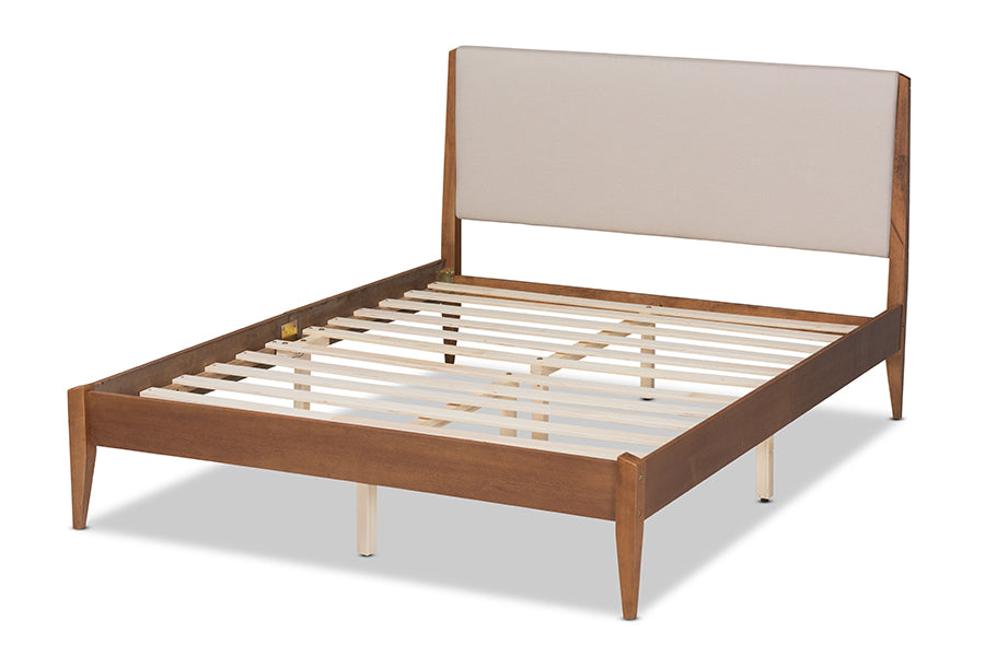 Baxton Studio Lenora Mid-Century Modern Beige Fabric Upholstered and Walnut Brown Finished Wood Queen Size Platform Bed