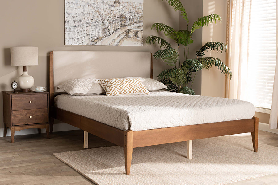 Baxton Studio Lenora Mid-Century Modern Beige Fabric Upholstered and Walnut Brown Finished Wood Queen Size Platform Bed