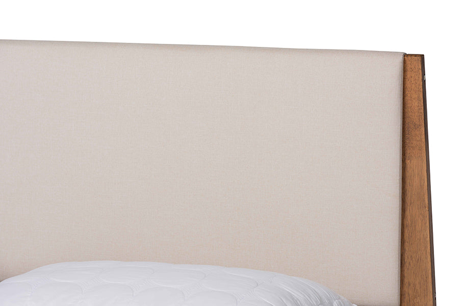 Baxton Studio Senna Mid-Century Modern Beige Fabric Upholstered and Walnut Brown Finished Wood Full Size Platform Bed