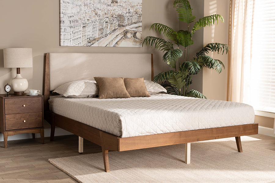 Baxton Studio Senna Mid-Century Modern Beige Fabric Upholstered and Walnut Brown Finished Wood Full Size Platform Bed