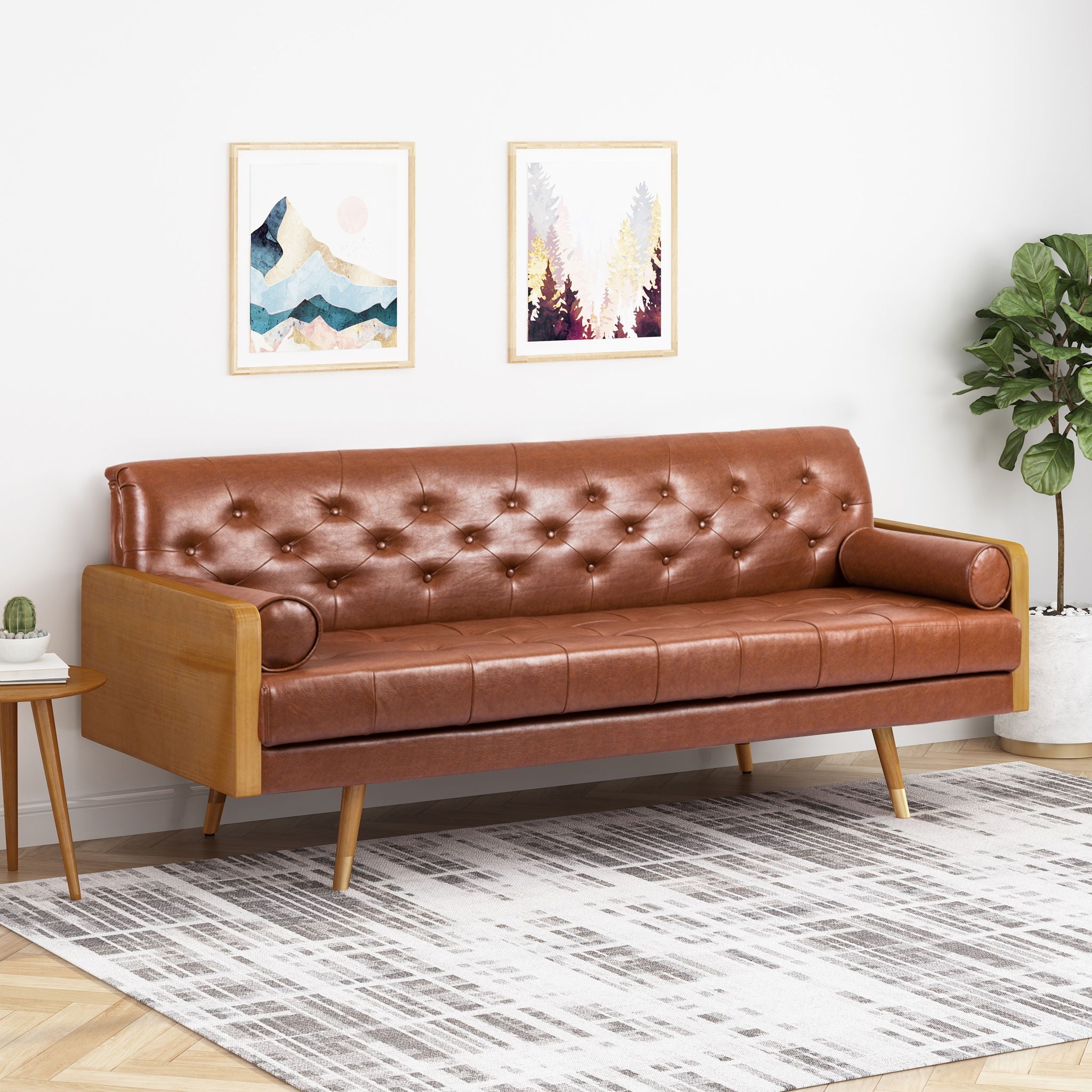 Adelaide Mid Century Modern Tufted Sofa With Rolled Accent Pillows - Light Brown