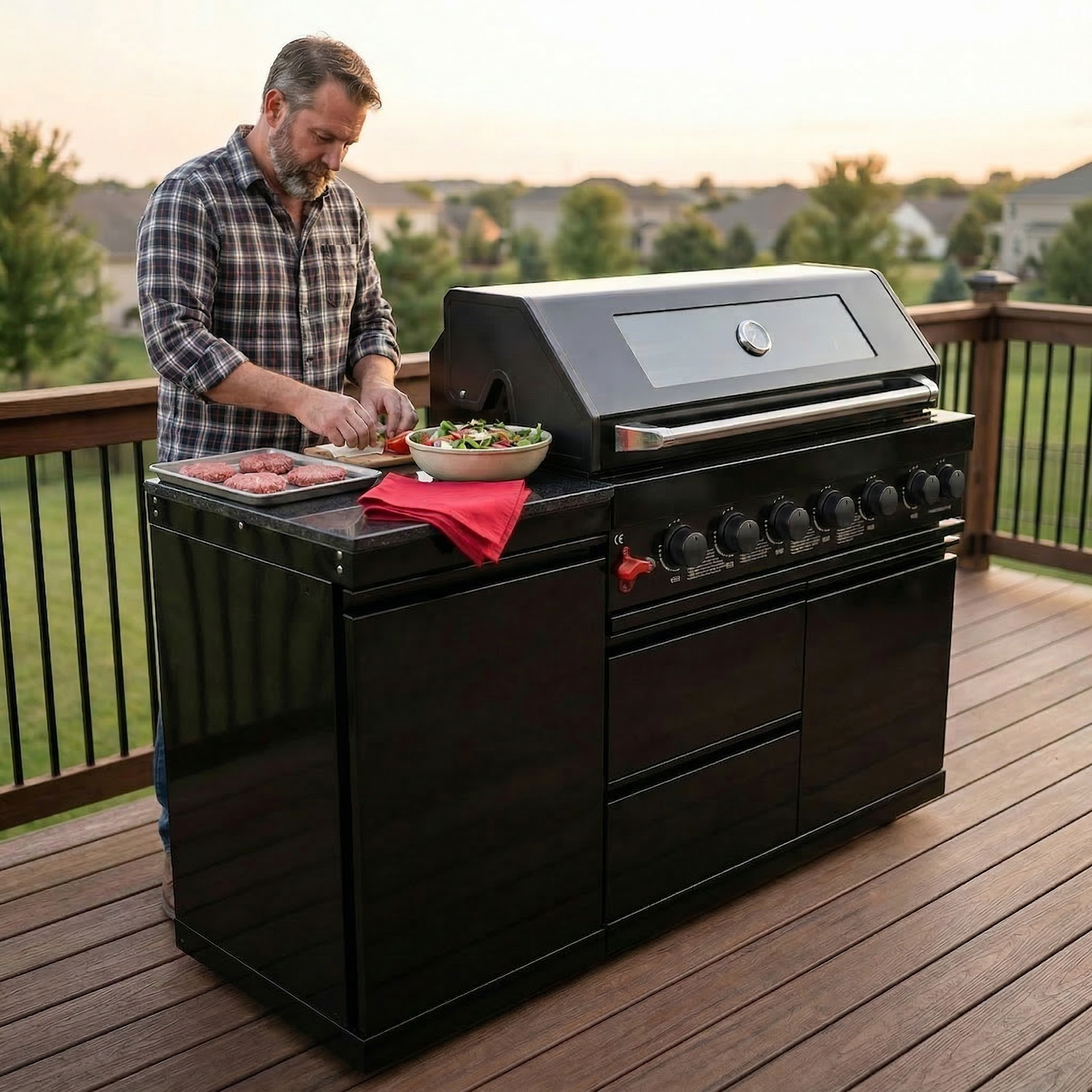 Black 6-Burner 85000 BTU Deluxe Stainless Steel Propane Gas Outdoor Kitchen Barbecue Island Grill with Marble