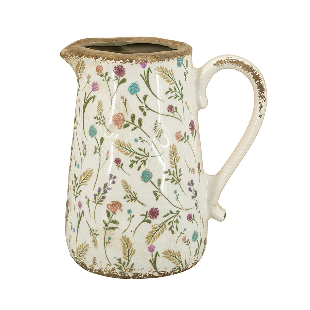 8.1x5.7x9.1" Round Ceramic Pitcher Vase with Multi-Colored Floral Motifs