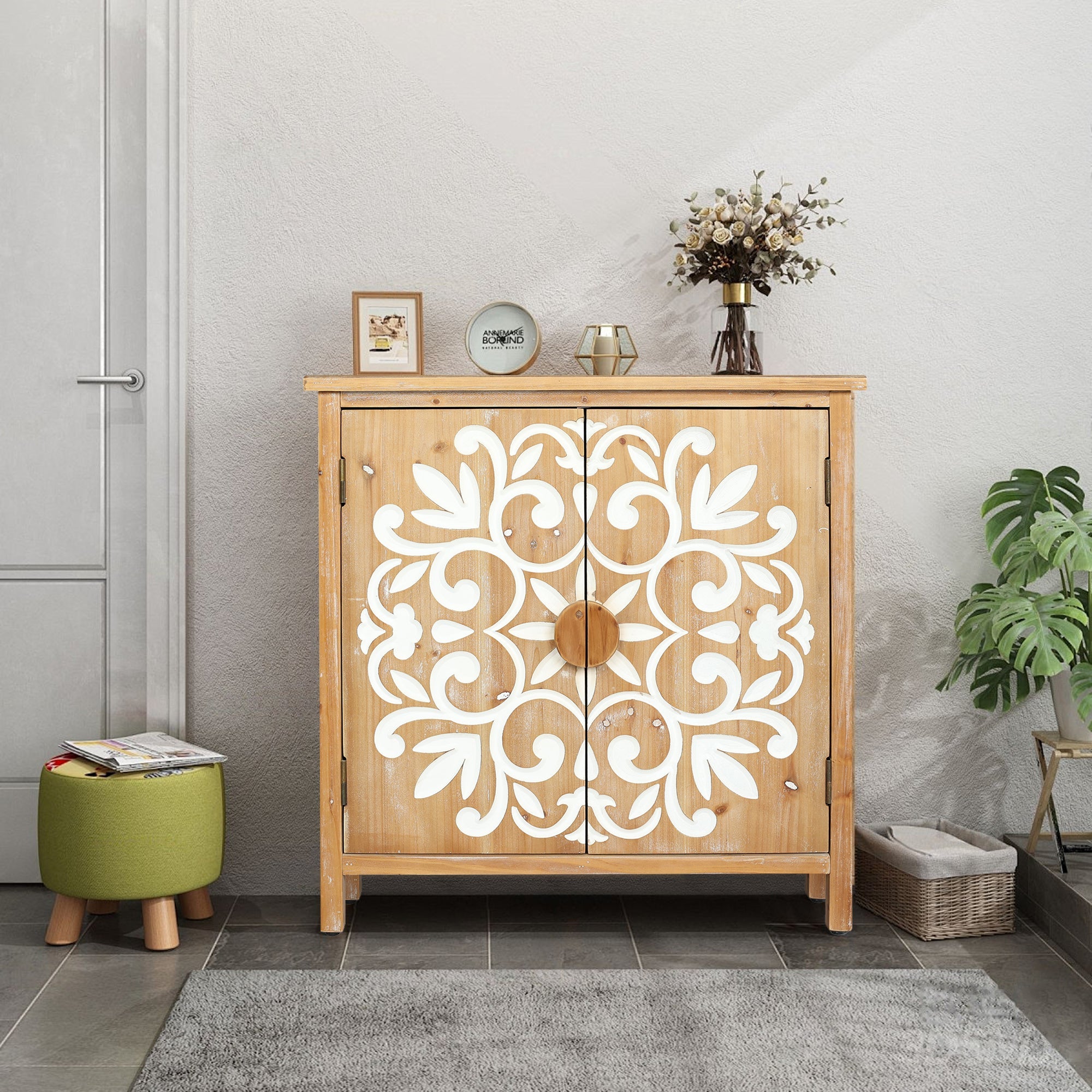 Rustic Wooden Accent Cabinet with Floral Carved Doors