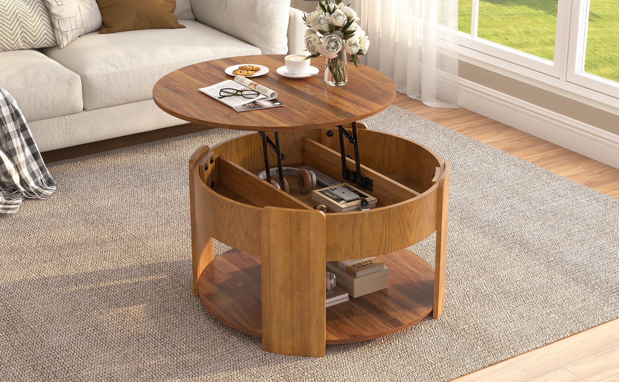 Vibe Haus Farmhouse Round Lift Top Coffee Table with Hidden Storage
