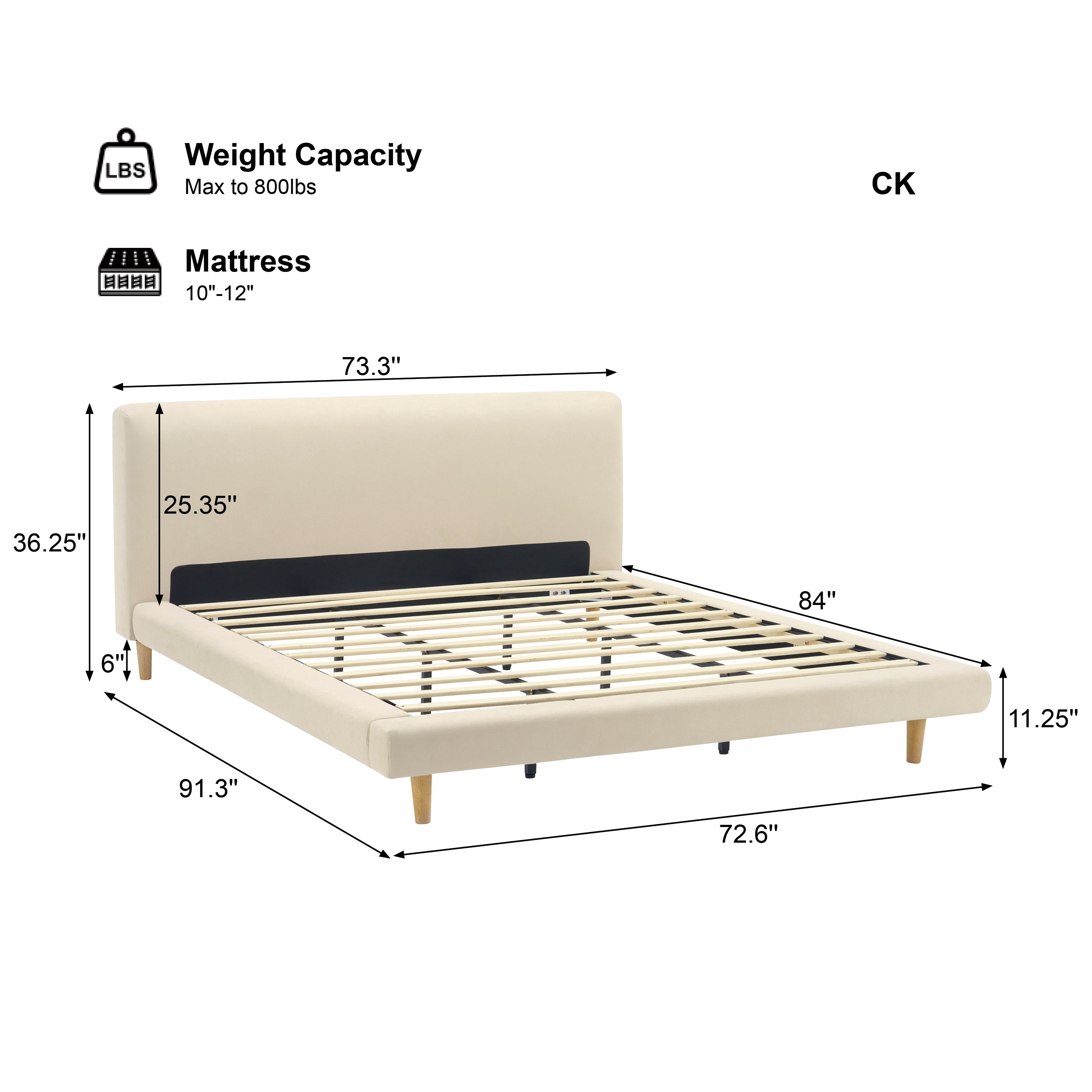 Beige Chunky Headboard Bed Frame with Solid Rubberwood Legs, Cal-King
