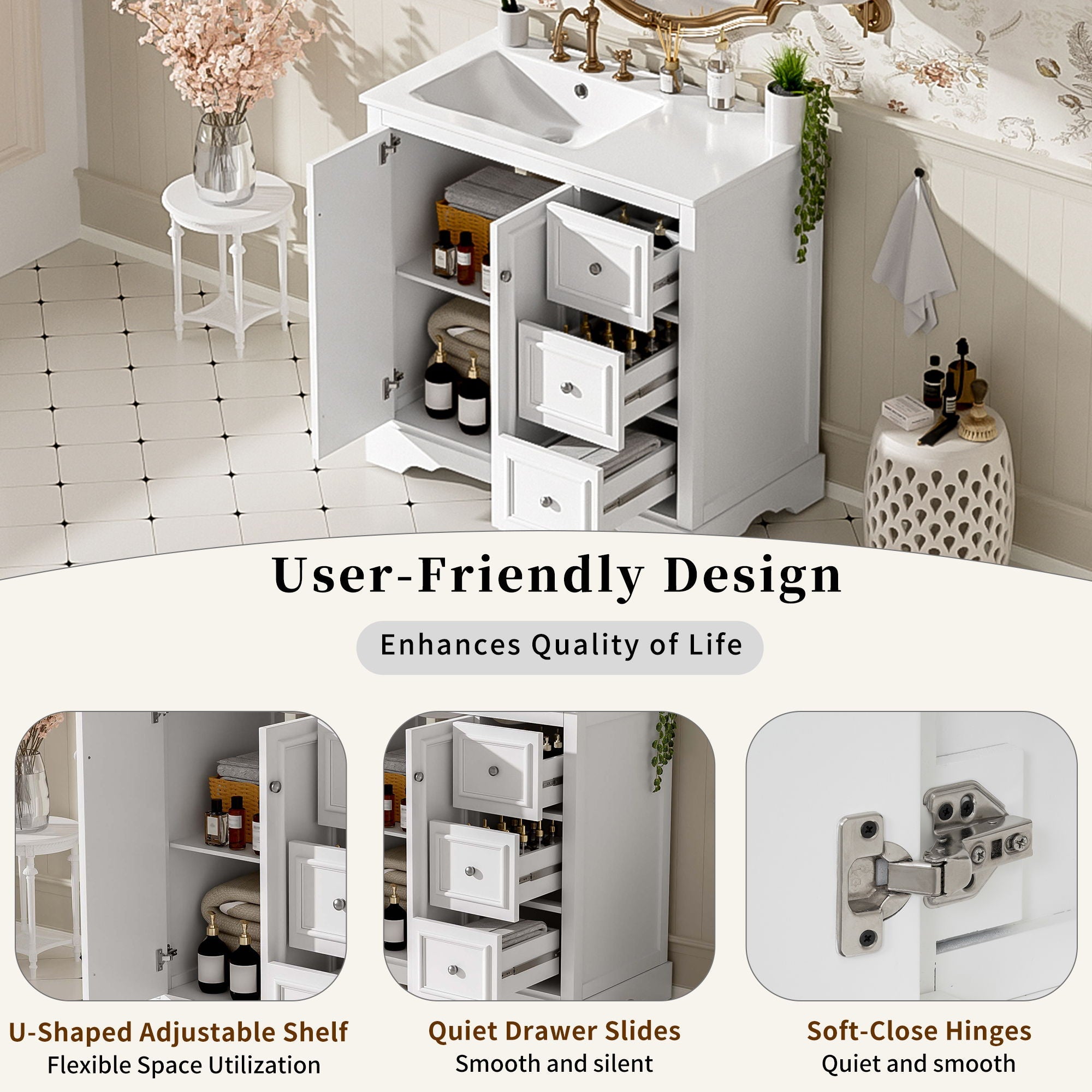 Bathroom Vanity With Sink, Soft-Close Doors, Adjustable U-Shelf, 3 Drawers