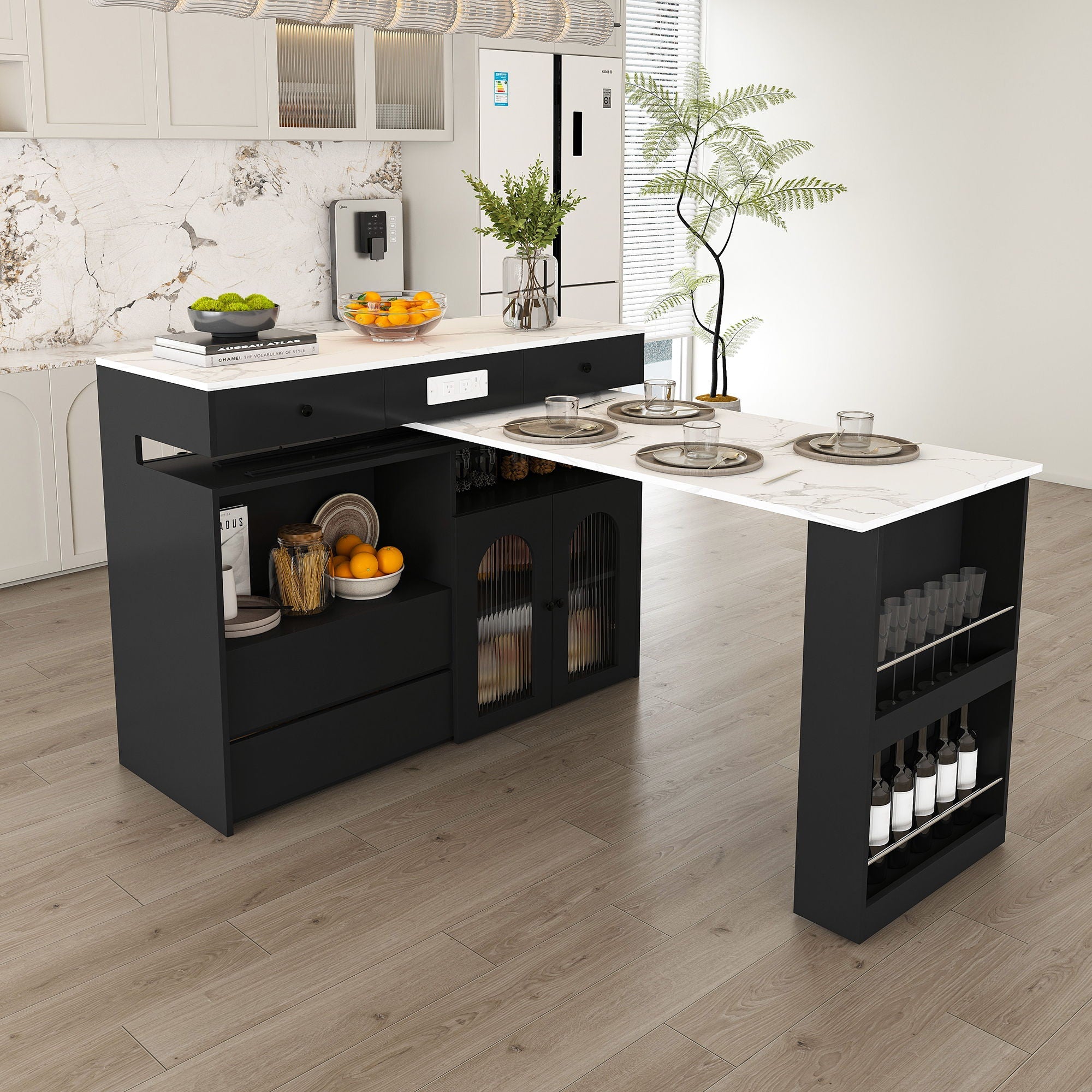 Retro Kitchen Island Set With Chairs, Extendable & Rotating Table, 4 Drawers & Door Cabinets