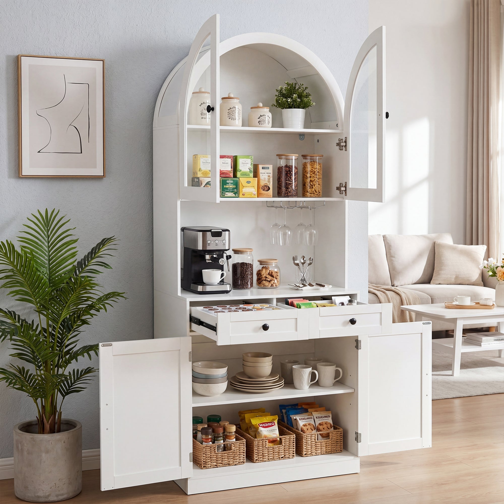 75" Farmhouse Tall Arched Pantry Cabinet with Charging Station