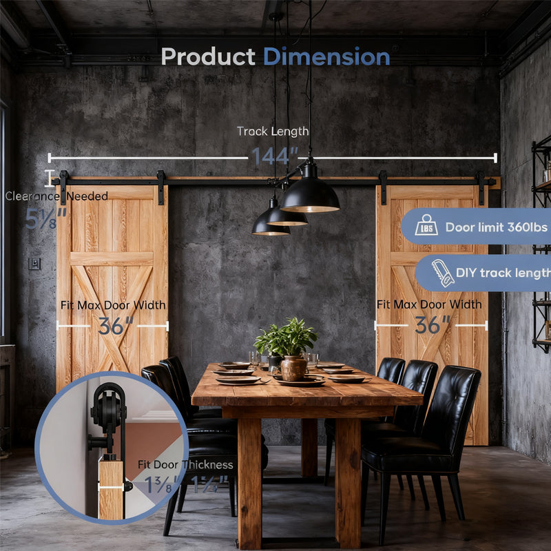 12FT Wood Double Sliding Barn Door Hardware
