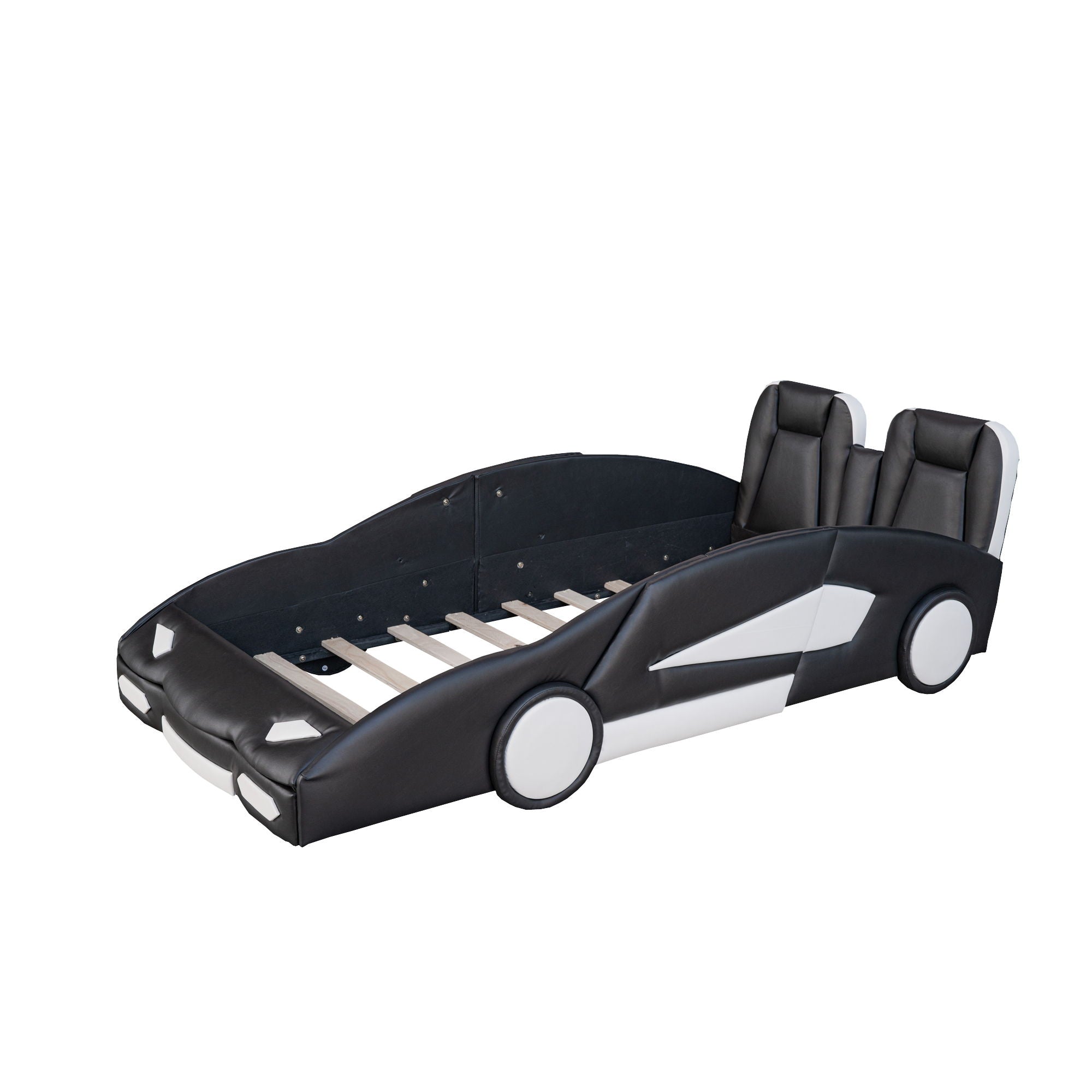 Race Car Shaped Twin Platform Bed With Wheels, Pine Wood Construction