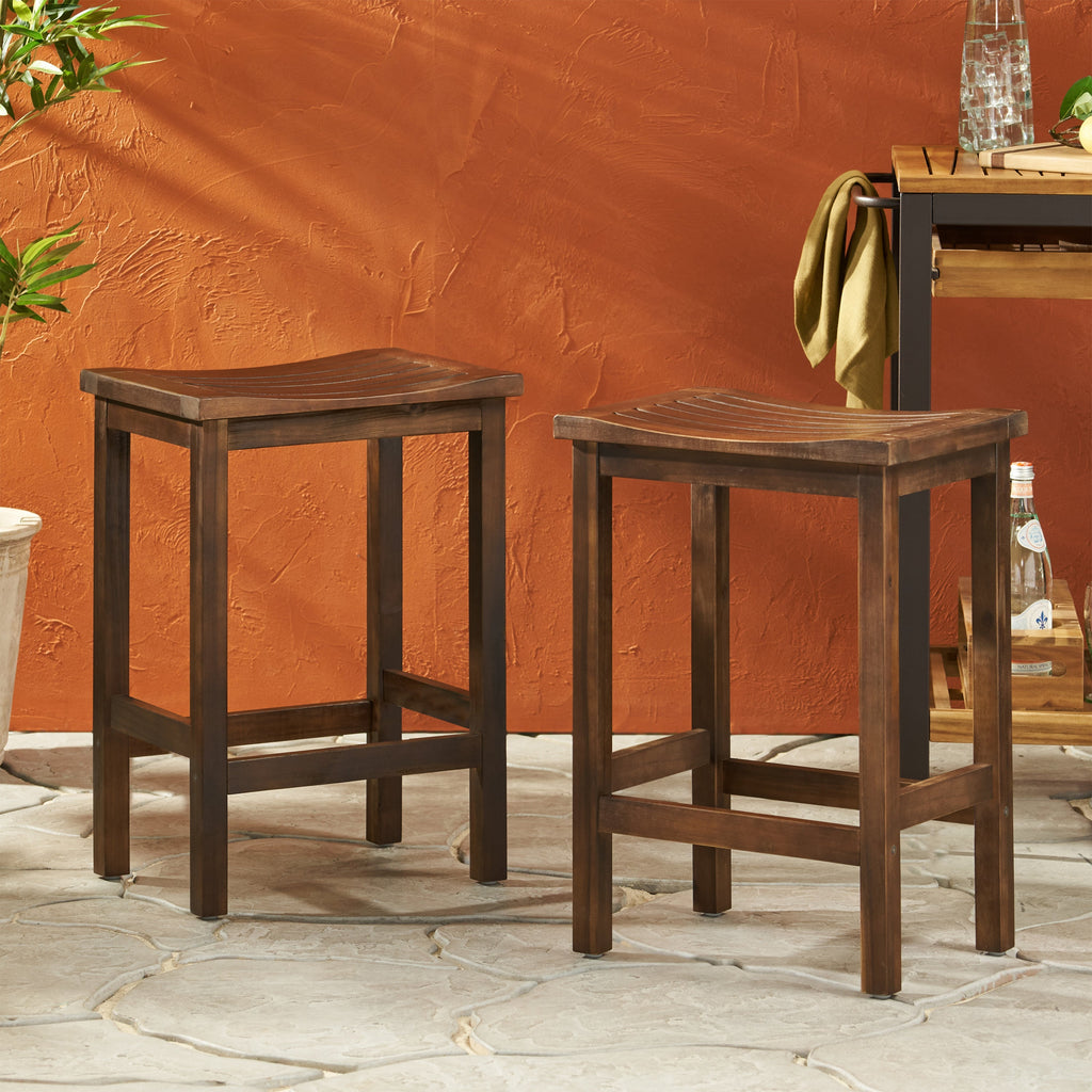 Outdoor Acacia Wood Counter Height Barstool Set of 2