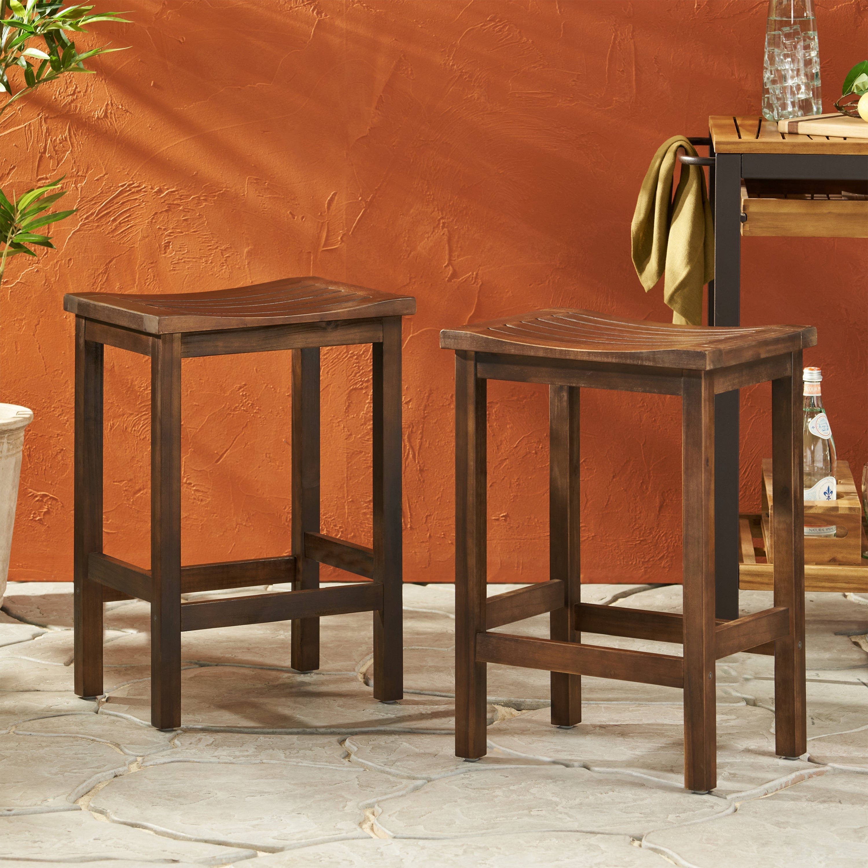 Outdoor Acacia Wood Counter Height Barstool Set of 2