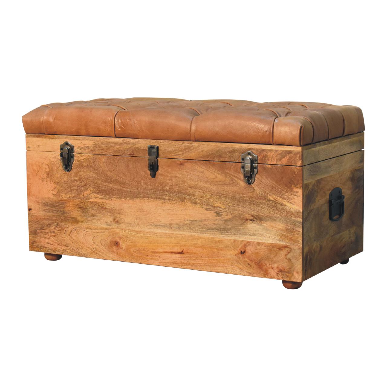 Solid Wood Buffalo Hide Oak-ish Storage Trunk, Leather Upholstered