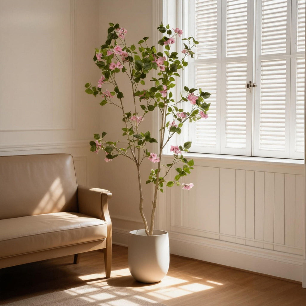 Artificial Bougainvillea Tree With Pot, Realistic Faux Flowering Plant Leaves And Blooms, Decor For Home Office - Green Leaves / Pink